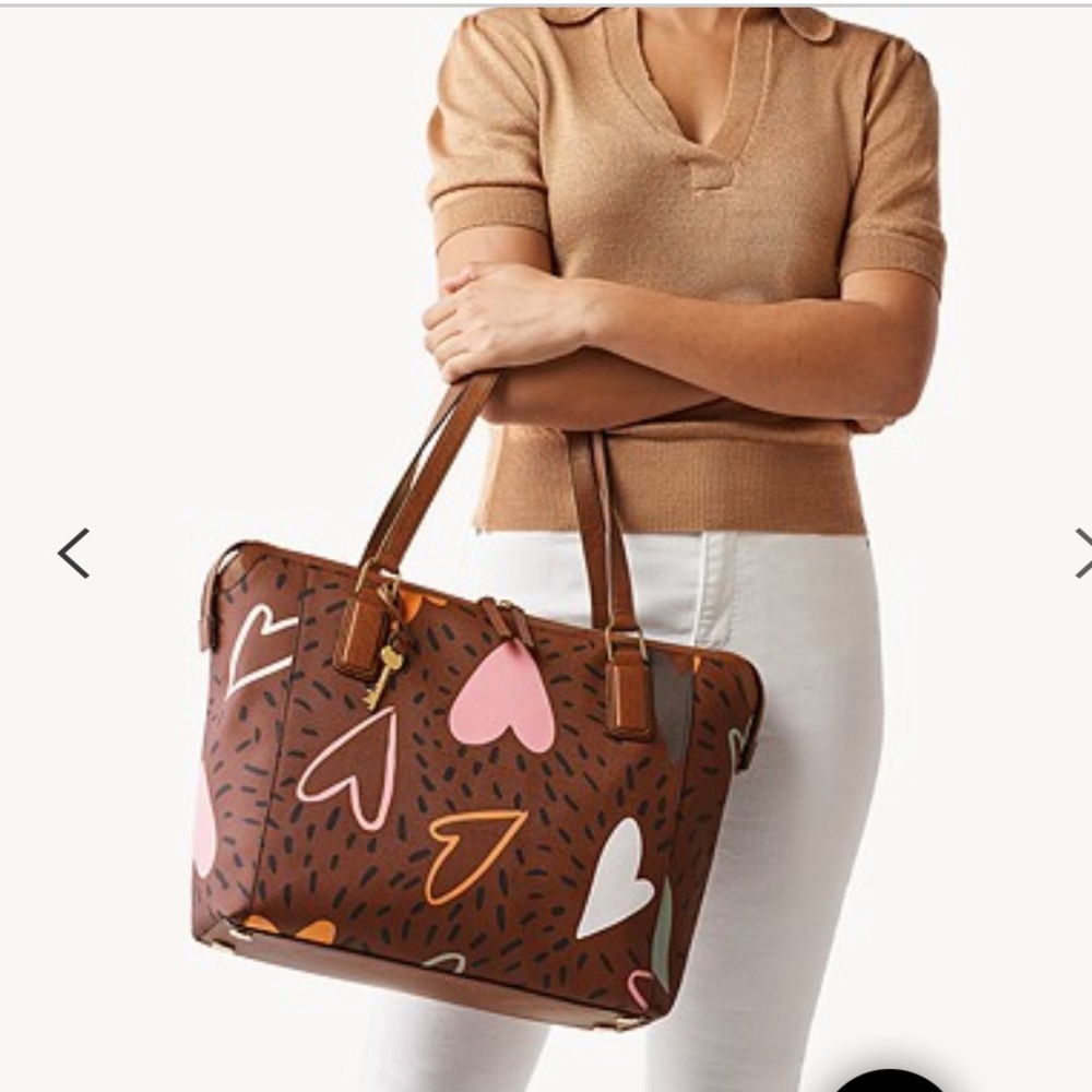 Fossil Brown Tote with Pink and Orange Heart Design